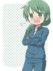  absurdres ahoge bad_id bad_pixiv_id blue_jacket blue_pants blush braid breasts breath collarbone crossed_arms female flustered green_eyes green_hair hair_over_shoulder hidamari_sketch highres jacket long_hair natsume_(hidamari_sketch) open_mouth pants polka_dot polka_dot_background sidelocks small_breasts smile solo sweatband sweatdrop tomi_tsukasa track_pants track_suit 