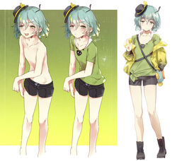  1boy antennae ants_(cookie) belt black_belt black_footwear black_headwear black_shorts blue_hair boots closed_mouth commentary_request cookie_(touhou) fairyfloss full_body genderswap_(ftm) green_eyes green_shirt hair_between_eyes hat hat_ribbon jacket komeiji_koishi looking_at_viewer male_focus mini_hat multiple_views off_shoulder open_mouth ribbon rule_63 shirt short_hair short_shorts shorts topless_male touhou yellow_jacket yellow_ribbon 