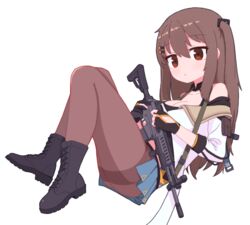  assault_rifle bebetang black_footwear black_gloves boots breasts brown_eyes brown_hair brown_pantyhose cleavage cross-laced_footwear daewoo_k2 female fingerless_gloves full_body girls&#039;_frontline gloves gun hair_ornament hairclip holding holding_gun holding_weapon k2_(girls&#039;_frontline) lace-up_boots large_breasts long_hair looking_at_viewer pantyhose partially_fingerless_gloves rifle showgirl_skirt solo thighband_pantyhose weapon 