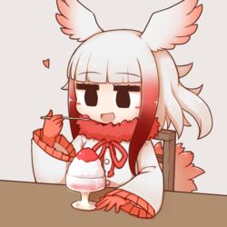  :d aticotta bad_id bad_pixiv_id black_eyes blunt_bangs blush chair commentary_request female food frilled_sleeves frills gloves gradient_hair head_wings heart holding holding_spoon japanese_crested_ibis_(kemono_friends) kemono_friends long_sleeves looking_away medium_hair multicolored_hair open_mouth red_gloves red_hair shaved_ice sidelocks smile solo spoon table white_hair wide_sleeves wings 