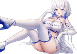  azur_lane bare_shoulders blue_choker blue_eyes blue_footwear breasts checkered_clothes checkered_legwear chinese_commentary choker cleavage commentary_request criss-cross_halter crop_top elbow_gloves female gloves halterneck hand_up high_heels illustrious_(azur_lane) large_breasts long_hair midriff mole mole_under_eye shenqi_(toid310) simple_background sitting solo thighhighs thighs very_long_hair white_background white_gloves white_hair white_thighhighs 