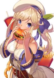  belt beret blonde_hair blue_eyes breasts burger cleavage commentary cucouroux_(granblue_fantasy) eating female fingernails food french_fries granblue_fantasy hat medium_breasts panda_inu solo twintails 