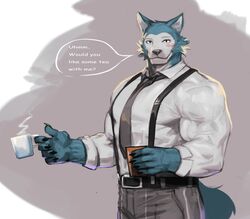  2020 5_fingers absurd_res anthro beastars belt big_muscles biped black_claws black_nose blush bottomwear canid canine canis claws clothing container cup dress_shirt english_text fingers fur grey_body grey_fur half-length_portrait hi_res humanoid_hands legoshi_(beastars) looking_at_viewer male mammal muscular muscular_anthro muscular_male necktie pants portrait shirt simple_background solo speech_bubble standing suspenders text topwear traver009 wolf 