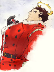  1boy alternate_costume bad_id bad_pixiv_id bara belt black_hair blush facial_hair from_side fur-trimmed_jacket fur_trim halo jacket large_pectorals male_focus mature_male muscular muscular_male pectorals po_fu red_jacket santa_costume short_hair snow solo stubble tokyo_afterschool_summoners zabaniyya_(housamo) 