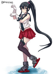  asymmetrical_legwear belt black_hair commentary_request female full_body garter_straps gloves golshi&#039;s_first_place_pose horse_pose kantai_collection long_hair looking_at_viewer midriff minarai necktie paw_pose pleated_skirt ponytail pose red_eyes red_skirt school_uniform scrunchie serafuku sidelocks simple_background single_thighhigh skirt solo thighhighs umamusume uneven_legwear white_background white_gloves yahagi_(kancolle) 