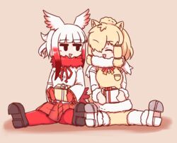  2girls alpaca_suri_(kemono_friends) aticotta bad_id bad_pixiv_id black_eyes blonde_hair blush closed_eyes facing_another full_body gloves hair_over_one_eye highres japanese_crested_ibis_(kemono_friends) kemono_friends long_sleeves looking_at_another medium_hair multiple_girls open_mouth pantyhose pleated_skirt red_gloves red_hair red_legwear red_skirt sidelocks skirt smile triangle_mouth white_hair 