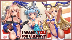  3girls adapted_costume alternate_costume american_flag animal_ears aqua_hair arm_up armpits arms_behind_head arms_up artist_logo bare_shoulders black_gloves black_thighhighs blonde_hair blue_bow blue_bowtie blue_eyes blue_leotard blush bow bowtie breasts brown_eyes cleavage commentary_request dated detached_collar detached_sleeves dixie_cup_hat double_bun fake_animal_ears fishnet_legwear fishnets flag_background fletcher_(kancolle) gloves hair_bun hand_on_own_hip hat highres i_want_you johnston_(kancolle) kantai_collection large_breasts leotard light_brown_hair long_hair looking_at_viewer medium_breasts military_hat moke_ro multiple_girls navel oerba_yun_fang open_mouth pantyhose playboy_bunny pointing pointing_at_viewer rabbit_ears rabbit_tail samuel_b._roberts_(kancolle) see-through see-through_sleeves short_hair signature simple_background single_glove star_(symbol) strapless strapless_leotard tail thighhighs two_side_up 