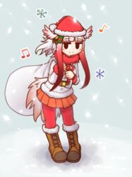  alternate_costume aticotta bad_id bad_pixiv_id black_eyes blunt_bangs blush boots brown_footwear christmas closed_mouth commentary cross-laced_footwear female full_body hat head_wings japanese_crested_ibis_(kemono_friends) jitome kemono_friends knee_boots lace-up_boots looking_at_viewer medium_hair musical_note no_gloves orange_skirt pantyhose pleated_skirt red_hair red_hat red_pantyhose santa_costume santa_hat sidelocks skirt smile snowflakes solo white_hair wings 