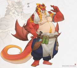  2022 absurd_res anthro apron biped body_hair bottomwear clothed clothing dragon full-length_portrait hi_res knife male mythological_creature mythological_scalie mythology overweight overweight_male pants portrait red_body red_scales scales scalie simple_background solo tail tan_body tan_scales topless towel white_background xvi 