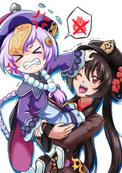  &gt;_&lt; 2girls ;d absurdres anger_vein atawatsho bead_necklace beads black_hair braid carrying carrying_person child_carry clenched_teeth coin_hair_ornament commentary eyes_visible_through_hair genshin_impact hair_ornament hat highres hu_tao_(genshin_impact) hugging_own_legs jewelry jiangshi long_hair long_sleeves looking_at_another looking_away low_ponytail multiple_girls necklace ofuda one_eye_closed open_mouth purple_hair pushing_away pushing_face qingdai_guanmao qiqi_(genshin_impact) red_eyes sidelocks simple_background single_braid size_difference smile spoken_object star_(symbol) teeth trembling twintails vision_(genshin_impact) white_background 