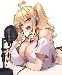  :d ahoge bikini bikini_under_clothes black_bikini blush breasts choker cleavage female hair_between_eyes hair_ornament haks heart heart_hair_ornament heart_necklace huge_breasts jewelry kirome_(kamipaper) long_hair microphone necklace o-ring o-ring_top oerba_yun_fang orange_eyes red_choker saaya_(kirome) shirt short_sleeves simple_background slit_pupils smile solo swimsuit t-shirt teeth twintails upper_teeth_only virtual_youtuber white_background white_shirt 