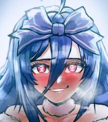  ahoge blue_bow blue_hair blush bow breath collarbone cyberlive female fur_choker hair_between_eyes hairbow heart heart-shaped_pupils long_hair looking_at_viewer minster_(dooke) oumiya_emma parted_lips portrait red_eyes smile solo straight-on symbol-shaped_pupils virtual_youtuber 