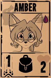  amber_(mancoin) anthro black_nose canid canine card card_template digital_media_(artwork) eyewear female fox foxyverse fur glasses hair heterochromia hi_res humor inscryption long_hair mammal mancoin meme simple_background solo text 