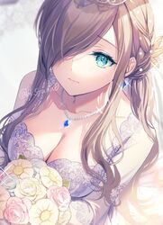  blue_eyes blue_gemstone bouquet braid breasts bridal_veil bride brown_hair cleavage closed_mouth collarbone commentary_request dress earrings eyelashes female flower french_braid from_above gem glint hair_ornament hair_over_one_eye holding holding_bouquet jewelry large_breasts light_blush long_hair looking_up low_ponytail necklace pearl_hair_ornament pearl_necklace shuragyoku_mami sidelocks solo sparkle swept_bangs tales_of_(series) tales_of_the_abyss tales_of_the_rays tear_grants tiara twitter_username upper_body veil wedding_dress white_dress 