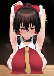  armpits arms_up blush bow breast_rest breasts breasts_on_table brown_hair collar female frilled_bow frilled_hair_tubes frills hair_tubes hairbow hakurei_reimu highres large_breasts looking_at_viewer necktie red_bow red_eyes sidelocks solo steaming_body sweat touhou try_(lsc) upper_body yellow_necktie 