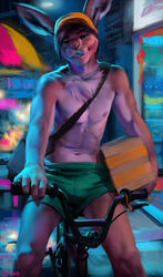  2020 adobe_photoshop_(artwork) anthro athletic athletic_anthro athletic_male baseball_cap bicycle bottomwear bulge chunie city clothed clothing delivery_(commerce) delivery_employee detailed_background digital_media_(artwork) digital_painting_(artwork) hare hat headgear headwear hi_res holding_object lagomorph leporid looking_at_viewer male mammal navel neck_tuft nipples outside shorts smile solo topless tuft vehicle 