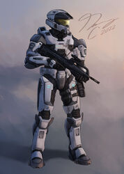  1boy 2022 absurdres armor assault_visor battle_rifle br55 bullpup english_commentary gun halo_(series) halo_infinite highres holding holding_gun holding_weapon looking_to_the_side male_focus pickledgear power_armor rifle science_fiction signature solo spartan_(halo) standing weapon 