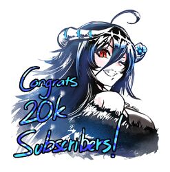  black_hair breasts broken_horn cyberlive female from_side fur_trim hair_between_eyes highres horns large_breasts looking_at_viewer milestone_celebration minster_(dooke) off_shoulder one_eye_closed oumiya_emma red_eyes smile solo v-shaped_eyebrows virtual_youtuber white_background 