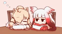  2girls alpaca_ears alpaca_girl alpaca_suri_(kemono_friends) animal_ears aticotta bad_id bad_pixiv_id blonde_hair blunt_bangs closed_eyes commentary gloves hair_over_one_eye head_wings japanese_crested_ibis_(kemono_friends) kemono_friends long_sleeves looking_at_another multiple_girls red_gloves red_hair sleeping white_hair wings 