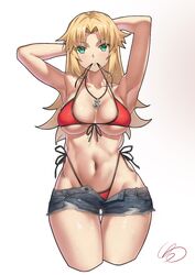  alternate_breast_size alternate_hairstyle armpits arms_behind_head arms_up bikini blonde_hair breasts breasts_apart chinese_commentary collarbone commentary cropped_legs denim denim_shorts fate/grand_order fate_(series) female ge_(zmq67911029) green_eyes hair_down highleg highleg_bikini large_breasts long_hair looking_at_viewer mordred_(fate) mordred_(swimsuit_rider)_(fate) mouth_hold navel open_fly parted_bangs red_bikini shorts side-tie_bikini_bottom signature simple_background solo string_bikini swimsuit untied_bikini wet 