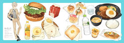  1boy absurdres bag basket black_footwear black_necktie blazer bottle bowl bread bread_slice brown_pants burger c.c._lemon cable character_name character_profile collared_shirt corn cup dessert digital_media_player dress_shirt drink drinking_glass earphones egg egg_(food) eggnog english_text fast_food food food_focus food_wrapper french_fries fried_egg fried_egg_on_toast glasses grey_hair hamburger_steak hand_in_pocket hand_up handkerchief height highres holding hot_dog ice ice_cube jacket le_delicatessen lettuce long_sleeves looking_away male_focus mayonnaise meatball melon_bread milk_carton miso_soup mousse_(food) napkin necktie open_clothes open_jacket original outside_border pants passion_fruit plastic_bag polka_dot rice_bowl rounded_corners school_bag shirt shoe_soles shoes shoulder_bag socks solo soup spoon standing steak sweater_vest toast tofu tray water_bottle white_background white_shirt white_socks yakisoba yakisobapan 