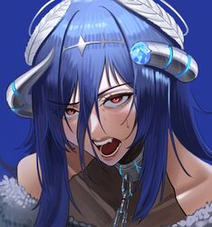  absurdres blue_background blue_hair broken_horn brown_eyes chains collar collarbone covered_collarbone crack crystal cyberlive fangs feathers female fur_trim hair_between_eyes harris_hero headpiece highres horns leotard lips long_hair looking_at_viewer metal_collar open_mouth oumiya_emma portrait simple_background slit_pupils solo sweat virtual_youtuber 