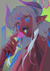  absurdres candy dark-skinned_female dark_skin ear_piercing facial_tattoo female food green_eyes highres holding horns kyuri_tizu lips lollipop long_hair original piercing pill pointy_ears solo tattoo teeth tongue tongue_out upper_body white_hair 