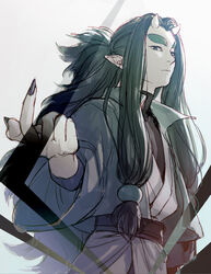  1boy black_nails expressionless fingernails gradient_background green_hair hand_up highres horns long_hair long_sleeves longyan_(the_legend_of_luoxiaohei) looking_at_viewer luo_xiaohei_zhanji male_focus micho pointy_ears ponytail sharp_fingernails solo upper_body very_long_hair 