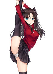  asle black_hair black_skirt black_thighhighs blue_eyes blush breasts fate/stay_night fate_(series) female leg_lift leg_up long_hair looking_at_viewer medium_breasts open_mouth panties photoshop_(medium) red_sweater simple_background skirt solo split standing standing_on_one_leg standing_split sweater thighhighs thighs tohsaka_rin two_side_up underwear white_background white_panties 