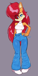  &lt;3_eyes 2023 absurd_res anthro archie_comics artist_name blue_eyes bottomwear breasts brown_body brown_fur chipmunk clothing denim denim_clothing eye_through_hair eyebrow_through_hair eyebrows eyelashes female footwear fur ground_squirrel hair hand_on_hip heart hi_res jamoart jeans long_hair looking_at_viewer mammal pants raised_eyebrow red_hair rodent sally_acorn sciurid sega shoes smile smirk solo sonic_the_hedgehog_(archie) sonic_the_hedgehog_(comics) sonic_the_hedgehog_(series) tan_body tan_fur topwear translucent translucent_hair 