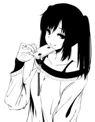  absurdres cellphone cellphone_strap commentary_request female greyscale hand_up highres holding holding_phone layered_clothes long_hair long_sleeves looking_at_viewer monochrome nail_polish off-shoulder_sweater off_shoulder original phone rur_(ml_ruru) smartphone smile smug solo sweater twintails upper_body white_background 