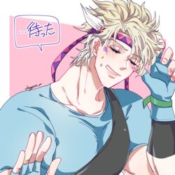  1boy battle_tendency blonde_hair caesar_anthonio_zeppeli chest_protector closed_eyes embarrassed facial_mark feather_hair_ornament feathers fingerless_gloves gloves hair_ornament headband highres jojo_no_kimyou_na_bouken kogatarou male_focus solo sweat triangle_print 