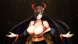  armpits azur_lane bare_shoulders black_hair black_kimono breasts cleavage closed_mouth collarbone commentary_request cross demon_horns female flower friedrich_der_grosse_(azur_lane) friedrich_der_grosse_(dark_raiments_of_gagaku)_(azur_lane) hair_flower hair_ornament hair_over_one_eye highres horns iron_cross japanese_clothes kimono large_breasts long_hair long_sleeves looking_at_viewer mechanical_horns nail_polish obi off_shoulder official_alternate_costume outstretched_arms red_flower red_horns red_nails sash sidelocks smile solo standing upper_body very_long_hair wide_sleeves yellow_eyes yuuka6 