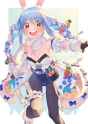  absurdres alternate_costume animal_ear_fluff animal_ears armpits bare_shoulders black_gloves black_pantyhose blue_hair blush bow braid breasts bridal_garter carrot carrot_hair_ornament coat commentary don-chan_(usada_pekora) extra_ears feet_out_of_frame female food-themed_hair_ornament fur_trim gloves hair_ornament hairbow highres hololive long_hair looking_at_viewer medium_breasts multicolored_hair open_mouth pantyhose playboy_bunny pom_pom_(clothes) rabbit_ears rabbit_girl round_teeth solo teeth twin_braids two-tone_hair usada_pekora usada_pekora_(1st_costume) virtual_youtuber white_bow white_coat white_hair zuho_(vega) 