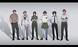  5boys animal_on_shoulder axis_powers_hetalia beret black_hair black_pants brown_hair commentary female ghost_in_the_shell_lineup glasses gloves grey_background hat highres ichinyaan indonesia_(hetalia) lineup malaysia_(hetalia) military military_uniform multicolored_hair multiple_boys pants parody philippines_(hetalia) ponytail sailor sailor_collar shadow shirt signature singapore_(hetalia) standing thailand_(hetalia) two-tone_hair uniform vietnam_(hetalia) white_pants 