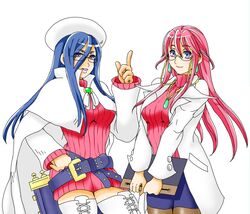  2girls aty_(summon_night) aty_(summon_night)_(cosplay) belt blue_hair boots breasts cape clipboard commentary_request cosplay costume_switch crossover earrings glasses hat jewelry justice_gakuen lab_coat large_breasts loose_belt minazuki_kyouko minazuki_kyouko_(cosplay) multiple_girls necklace pantyhose pencil_skirt rai_(fortunecookie) red_hair ribbed_sweater skirt summon_night summon_night_3 sweater thighhighs trait_connection zettai_ryouiki 