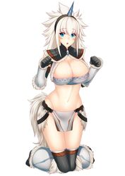  arm_warmers bandeau black_gloves black_thighhighs blue_eyes blush breasts chestnut_mouth cleavage detached_sleeves female full_body fur_trim gloves groin hairband horns kirin_(armor) kneeling knees_together_feet_apart large_breasts loincloth looking_at_viewer megatama midriff monster_hunter_(character) monster_hunter_(series) navel open_mouth over-kneehighs paw_pose single_horn solo spiked_hair stomach tail thighhighs toned white_hair 