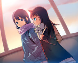  2girls bag commentary_request fur_scarf hakka0320 hand_in_pocket jacket kuroki_tomoko long_hair multiple_girls parted_lips photoshop_(medium) scarf school_bag school_uniform sunset tamura_yuri watashi_ga_motenai_no_wa_dou_kangaetemo_omaera_ga_warui! window 