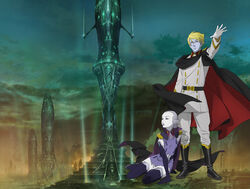  1boy arm_support blonde_hair blue_skin boots cape desler female gamilas gloves grey_hair grey_skin jirel miezela_celestella military military_uniform official_art outstretched_arm pointy_ears purple_eyes sitting standing thighhighs uchuu_senkan_yamato uchuu_senkan_yamato_2199 uniform white_gloves 