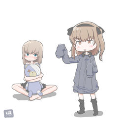  2girls adachi_fumio bandages black_footwear black_hairband black_skirt black_socks blue_eyes blush boko_(girls_und_panzer) boots borrowed_clothes brown_eyes brown_hair commentary_request cosplay covering_privates dress_shirt girls_und_panzer grey_shirt hair_ribbon hairband hugging_object itsumi_erika itsumi_erika_(cosplay) kuromorimine_school_uniform long_hair long_sleeves looking_at_viewer multiple_girls one_side_up oversized_clothes pleated_skirt ribbon school_uniform shimada_arisu shirt signature simple_background sitting skirt sleeves_past_wrists smile socks standing stuffed_animal stuffed_toy teddy_bear white_background 