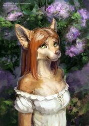  anthro canid canine clothed clothing female flower green_eyes hair hi_res inner_ear_fluff mammal plant saterina solo tuft 