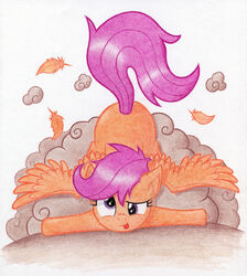  agamnentzar ass_up cloud crash dust dust_cloud equid equine feathered_wings feathers female feral friendship_is_magic hair hasbro hi_res looking_at_viewer mammal my_little_pony mythological_creature mythological_equine mythology orange_body orange_feathers pegasus purple_eyes purple_hair scootaloo_(mlp) smile solo tongue tongue_out wings young young_feral 