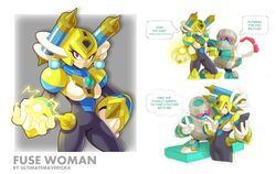  1boy android artist_name block_man bouquet capcom character_name electricity female flower fuse_man genderswap_(mtf) gloves hand_on_hip heart heart_eyes helmet one_eye_closed purple_eyes robot rockman rockman_11 rockmnan_(classic) rule_63 smile speech_bubble text_focus ultimatemaverickx v white_gloves 