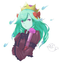  bad_id bad_pixiv_id bootler bow bow_(paper_mario) colored_skin commentary crown dress drill_hair feather_fan female folding_fan green_hair green_skin hair_between_eyes hairbow hand_fan hitodama long_hair looking_at_viewer mario_(series) new_super_mario_bros._u_deluxe paper_mario paper_mario_64 purple_dress purple_eyes red_bow super_crown taro_(bocemon0807) upper_body 