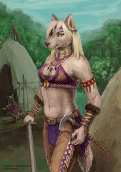  anthro axe belt canid canine canis clothed clothing female hair holding_melee_weapon holding_object holding_sword holding_weapon jewelry long_hair looking_at_viewer mammal melee_weapon navel necklace outside plant polearm saterina sky solo spear standing sword teepee tomahawk tree tribal weapon white_hair wolf yellow_sclera 