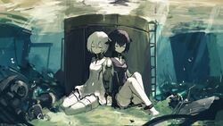  2girls abyssal_ship abyssal_twin_princess_(black) abyssal_twin_princess_(white) artist_name black_hair breasts closed_eyes closed_mouth commentary_request dress full_body hair_between_eyes head_tilt holding_hands kantai_collection lansane multiple_girls sailor_dress short_hair sitting sleeveless sleeveless_dress small_breasts smile thighhighs underwater white_hair yokozuwari 