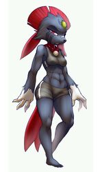  2014 abs anthro anthrofied border breasts camel_toe clothed clothing conditional_dnp digital_media_(artwork) elgiza fan_character female generation_4_pokemon muscular muscular_anthro muscular_female navel nintendo pokemon pokemon_(species) pokemorph simple_background solo teckworks theboogie weavile white_border wide_hips 