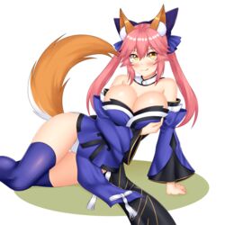  absurdres animal_ears bare_shoulders blue_kimono blue_legwear bow breast_hold breasts cleavage closed_mouth collar detached_sleeves eyebrows_visible_through_hair fate/extra fate/grand_order fate_(series) fox_ears fox_tail hair_between_eyes hairbow highres huge_breasts japanese_clothes keshigomu kimono long_hair long_sleeves looking_at_viewer lying on_side panties pelvic_curtain pink_hair short_kimono smile strapless tail tamamo_(fate)_(all) tamamo_no_mae_(fate) transparent_background twintails underwear white_panties wide_hips wide_sleeves yellow_eyes 