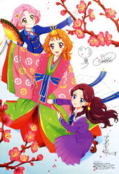  3girls absurdres aikatsu! aikatsu!_(series) blue_eyes blush brown_hair flower fujiwara_miyabi_(aikatsu!) full_body green_eyes hand_fan happy heart highres himezakura_girls&#039;_academy_school_uniform japanese_clothes kimono kitaoji_sakura layered_clothes layered_kimono long_hair multiple_girls orange_hair ozora_akari pink_hair red_eyes scan school_uniform short_hair smile starlight_academy_school_uniform 