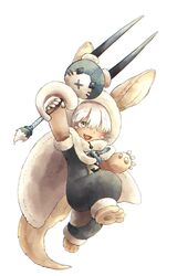  1other alternate_costume androgynous bad_id bad_pixiv_id blush cosplay felyne felyne_(cosplay) full_body furry highres kawasemi27 long_hair looking_at_viewer made_in_abyss monster_hunter:_world monster_hunter_(series) nanachi_(made_in_abyss) oerba_yun_fang one_eye_closed open_mouth simple_background smile solo tobi-kadachi_(armor) white_background white_hair yellow_eyes 